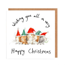 Load image into Gallery viewer, Square white Christmas card featuring watercolour and pencil illustration of five guinea pigs wearing santa hats, with handwritten &#39;Wishing you all a very happy Christmas&#39; message.