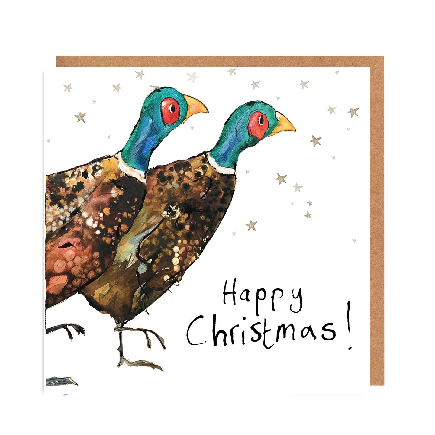 Square white Christmas card featuring watercolour and ink illustration of a pair of pheasants surrrounded by stars, and handwritten 'Happy Christmas!' message.