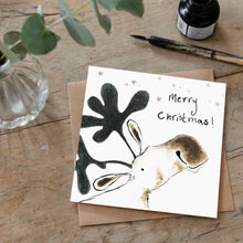 Load image into Gallery viewer, Square Ernest the Moose christmas card laid flat on top of matching brown envelope.