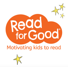 Load image into Gallery viewer, Logo for children&#39;s literacy charity Read for Good, with the tagline &#39;motivating kids to read&#39;