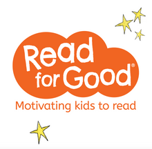 Load image into Gallery viewer, Logo for children&#39;s literacy charity Read for Good, with the tagline &#39;Motivating kids to read&#39;