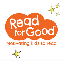 Load image into Gallery viewer, Logo for children's literacy charity Read for Good' featuring an orange cloud and yellow stars with the text 'motivating kids to read'. 