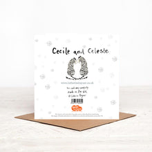 Load image into Gallery viewer, Image of the back of the greeting card featuring the name of the white tiger couple &quot;Cecile and Celeste&quot;