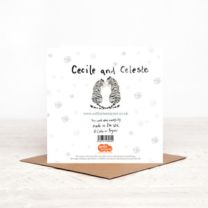 Image of the back of the greeting card featuring the name of the white tiger couple "Cecile and Celeste"