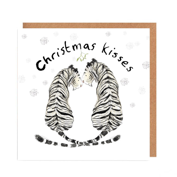 card features white tiger couple smiling at each other