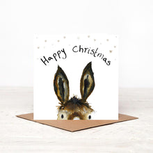 Load image into Gallery viewer, Square illustrated donkey Christmas card stood on matching brown craft envelope. 