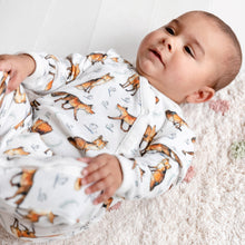 Load image into Gallery viewer, Smiling 6 month old baby lying down wearing Dexter fox print babygrow