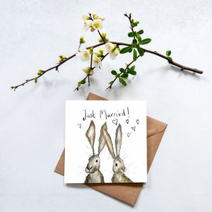 Pair of Hares Just Married card 'Heidi and Hilary'