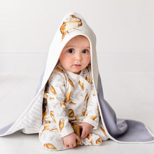 Load image into Gallery viewer, Six month old baby, sat up wearing Olive owl hooded blanket and Olive owl babygrow